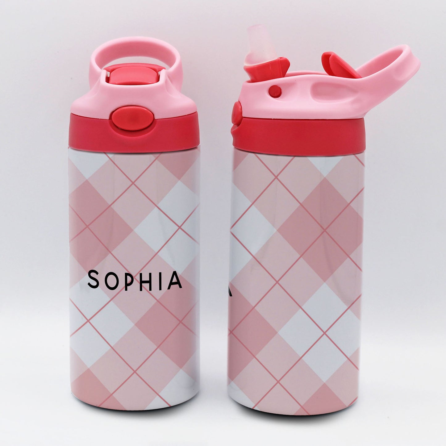 Personalized Kid's Water Bottle | Pink Plaid