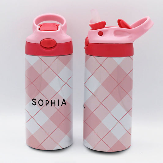 Personalized Kid's Water Bottle | Pink Plaid