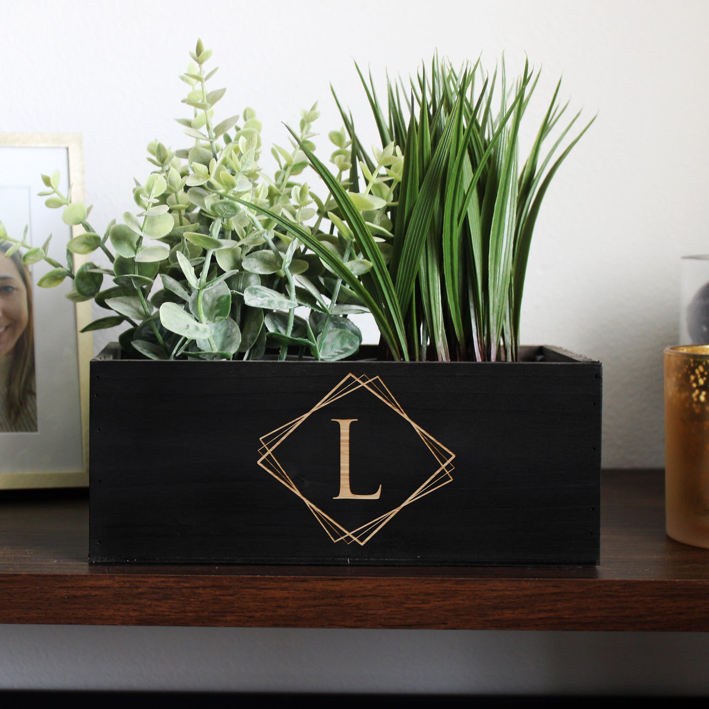 Wood Planter Box | Hex Monogram